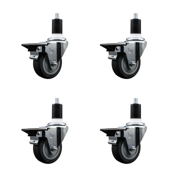 3.5'' Thermoplastic Rubber Swivel 1-1/2'' Expanding Stem Caster Set with Brake, 4PK